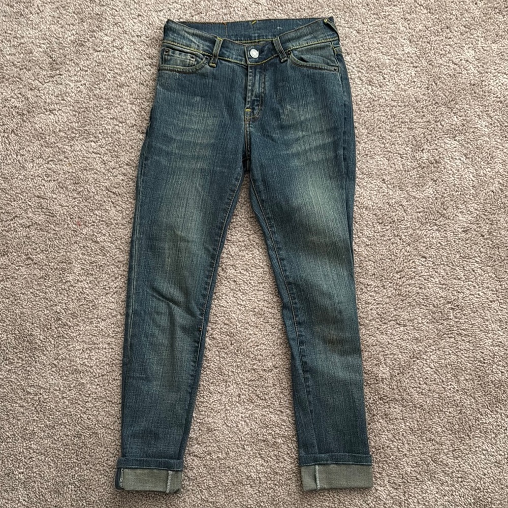 Evisu Blue Ankle Cropped Jeans with Distressed Details